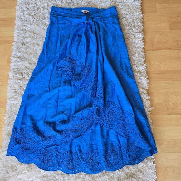 Jason Wu Eyelet Lace Embroidered Hem Boho Linen Blend Blue Midi Skirt Size 10 - Picture 1 of 9